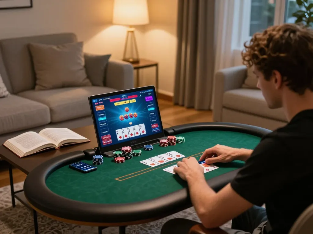 Engaged in an online game bài while evaluating poker strategy in a cozy home setting