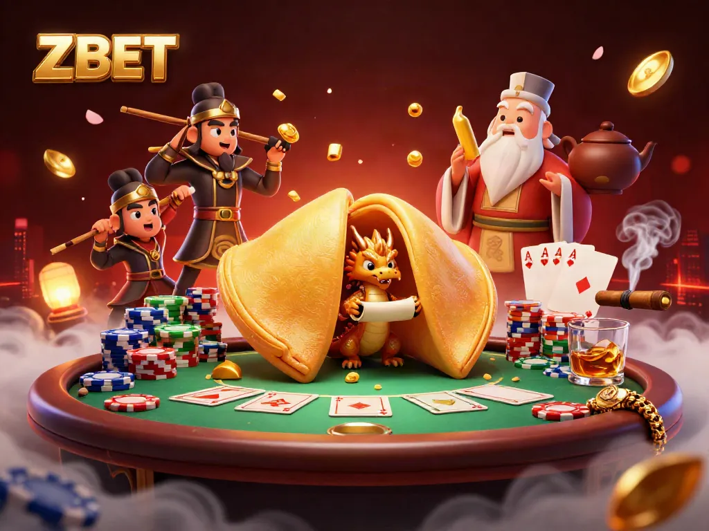 ZBET inspires action with a wise dragon, casino elements, and fortune cookie treasures.