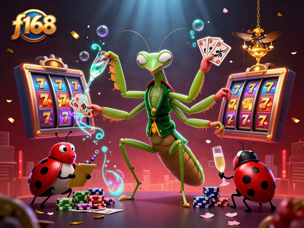 Experience thrilling gameplay with f168 in a vibrant casino scene featuring cards, champagne, and slot reels.