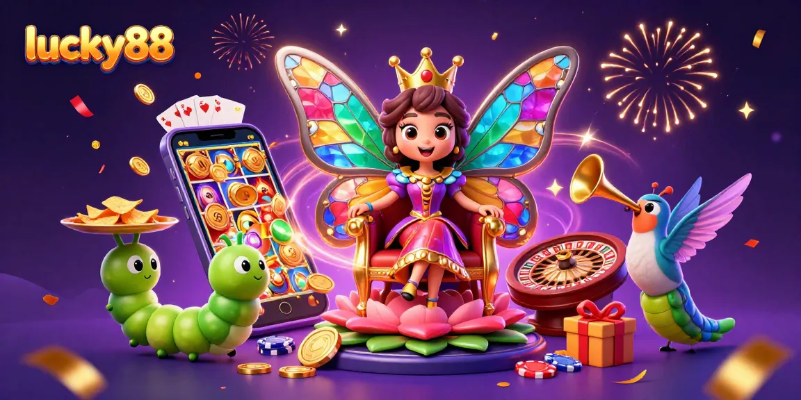 Spin the reels and win with lucky88 in a vibrant 3D casino-themed illustration featuring fun characters!