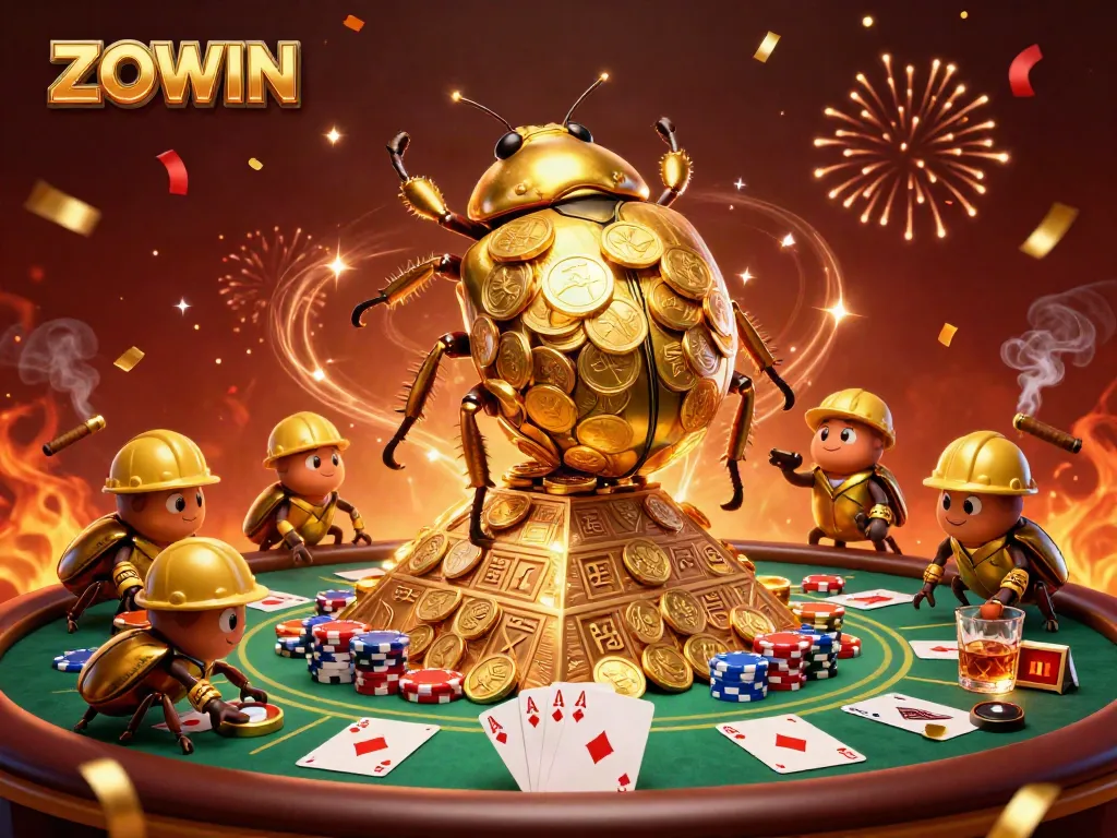 ZOWIN enhances your gaming experience with a thrilling illustration of a golden dung beetle and casino elements.