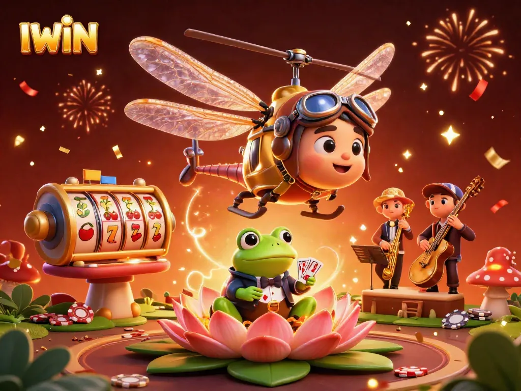 IWIN spins slot reels at a vibrant casino scene with cheerful characters and dynamic elements.