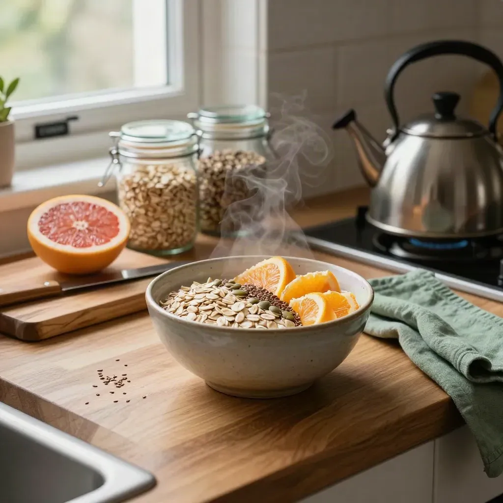 Oats, citrus, glass jars and a steaming kettle on a warm kitchen counter.