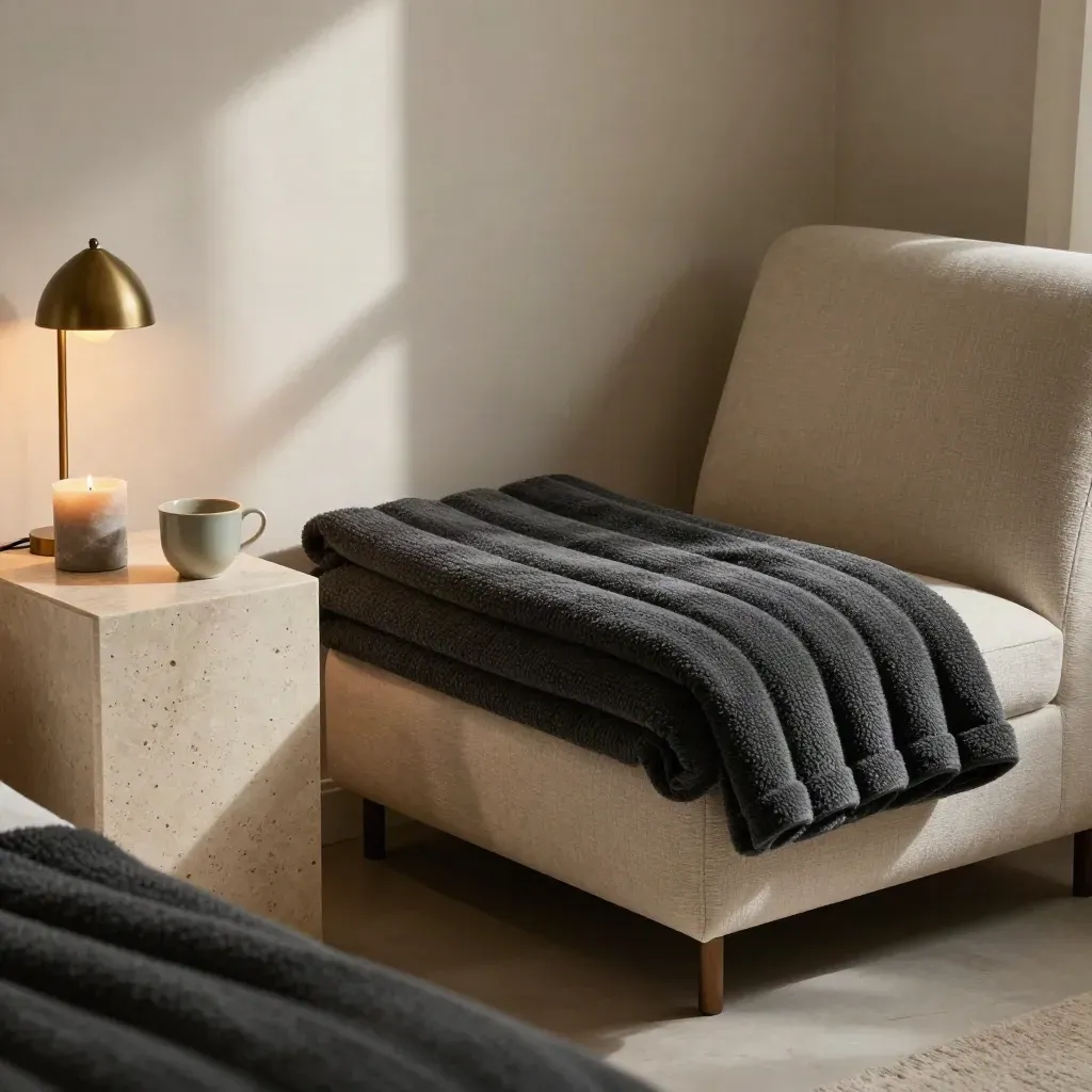 A quiet recovery nook with a weighted blanket, candle, teacup, and brass lamp in warm light.