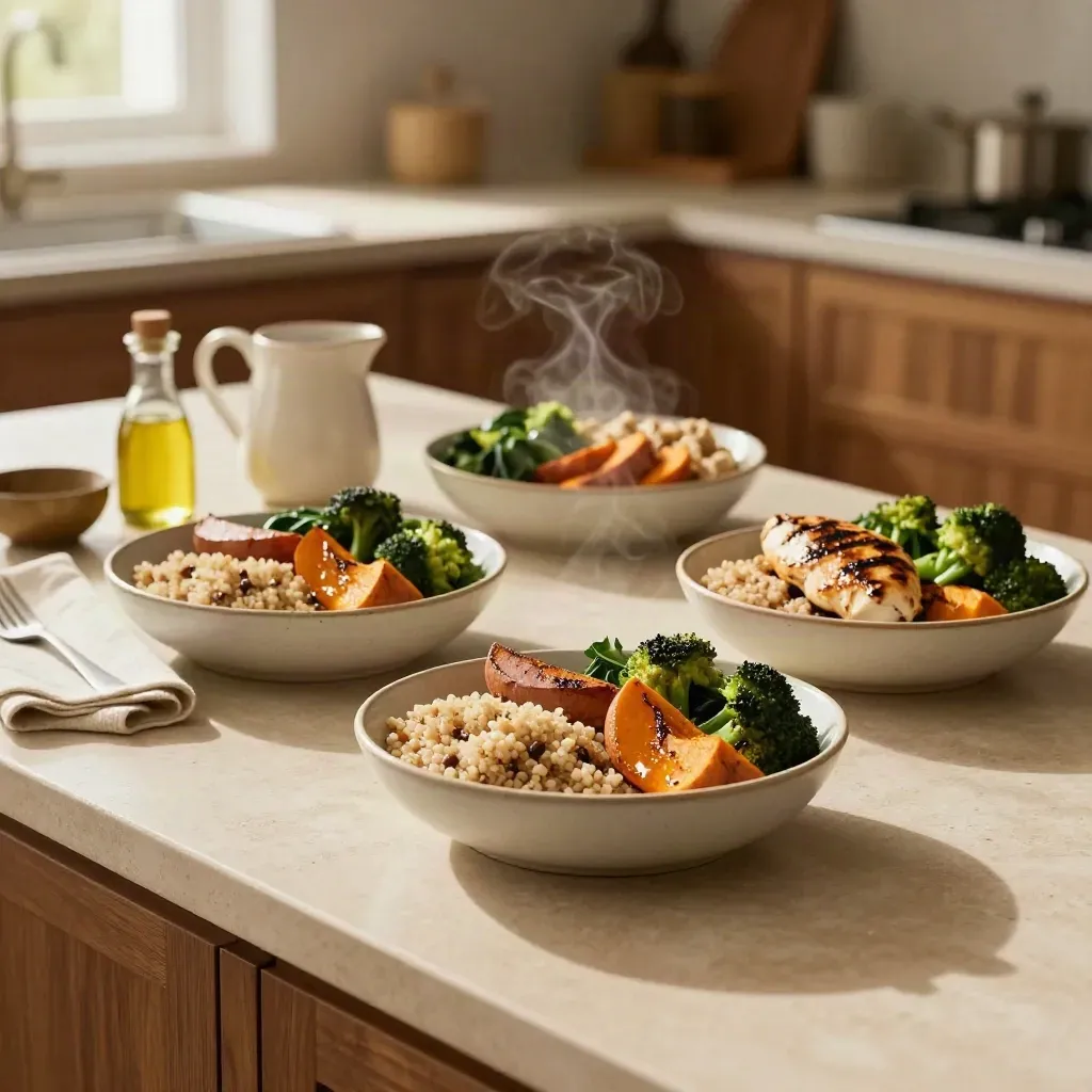 Meal-prep bowls of grains, roasted vegetables and protein on a pale stone island.