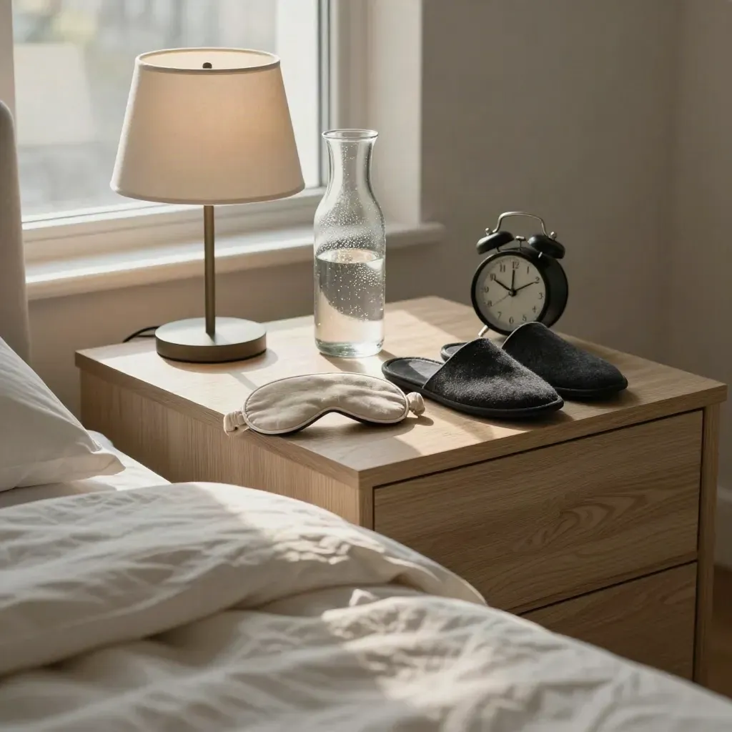 Floor-level dawn bedside scene with lamp, carafe, sleep mask, slippers and alarm clock.