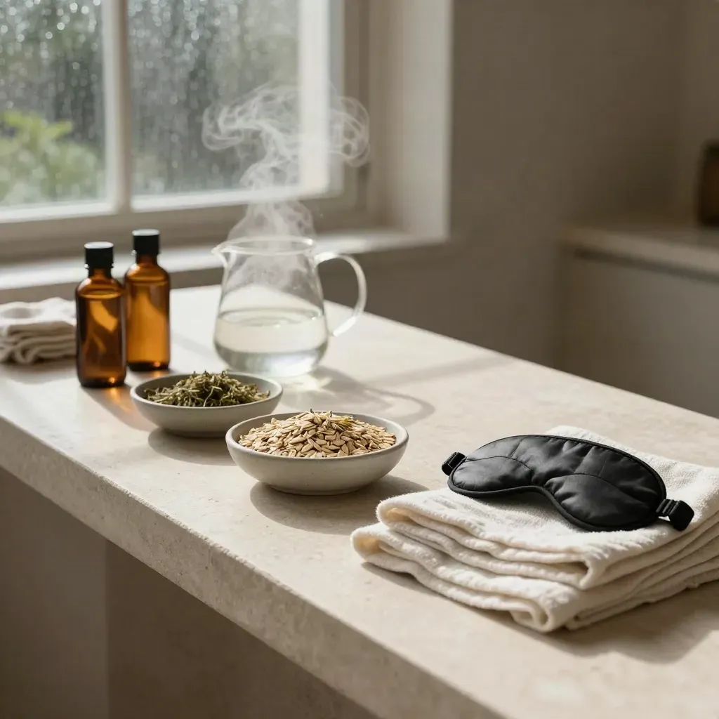 Amber bottles, oats, herbs, kettle, linen and a sleep mask on stone in morning rain light.