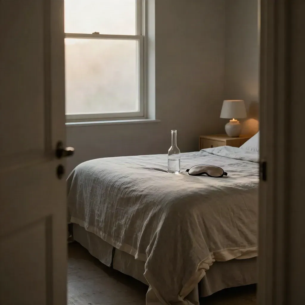 Serene bedroom at dawn with tucked bedding, bedside carafe, sleep mask and unlit lamp.