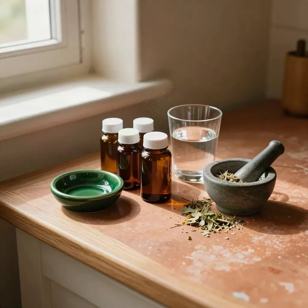 Sunlit supplement bottles, pill dish, water glass, and herbs on a warm wellness counter.
