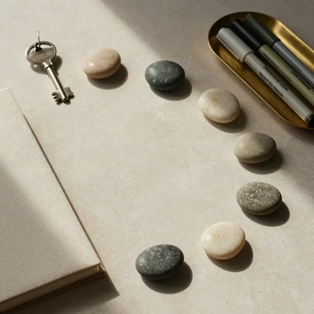 Overhead stones, closed notebook and brass tray on plaster with dramatic shadow.