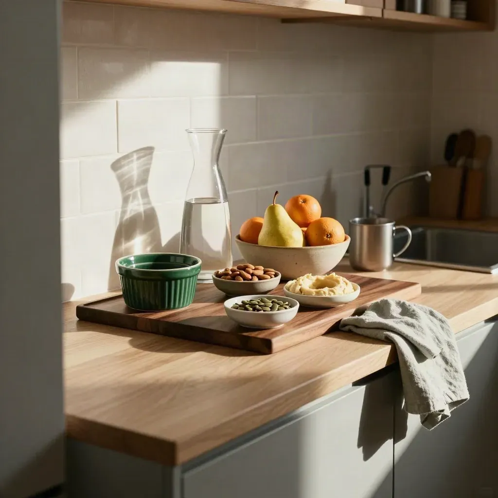 Sunny kitchenette snack board, water carafe and fruit bowl in late-afternoon light