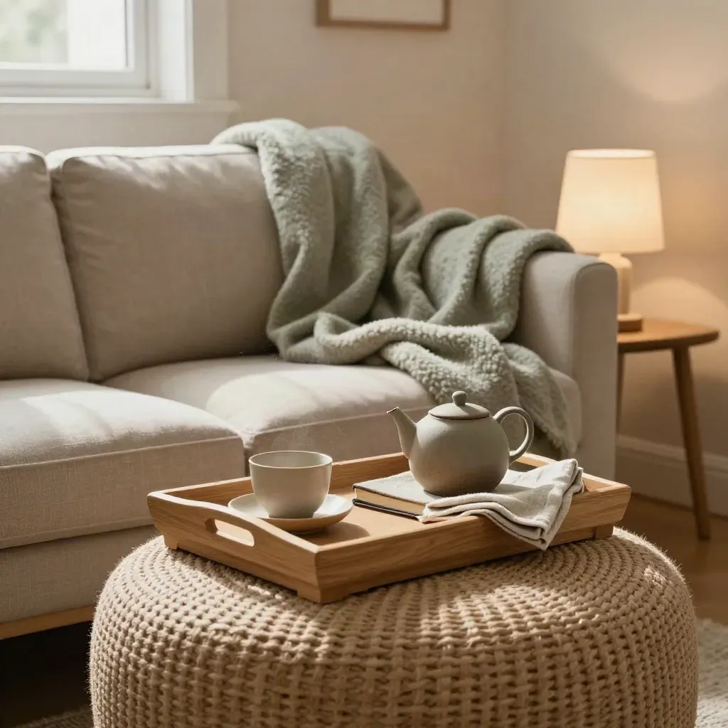 Cozy living room recovery corner with tea tray, blanket, journal and lamp