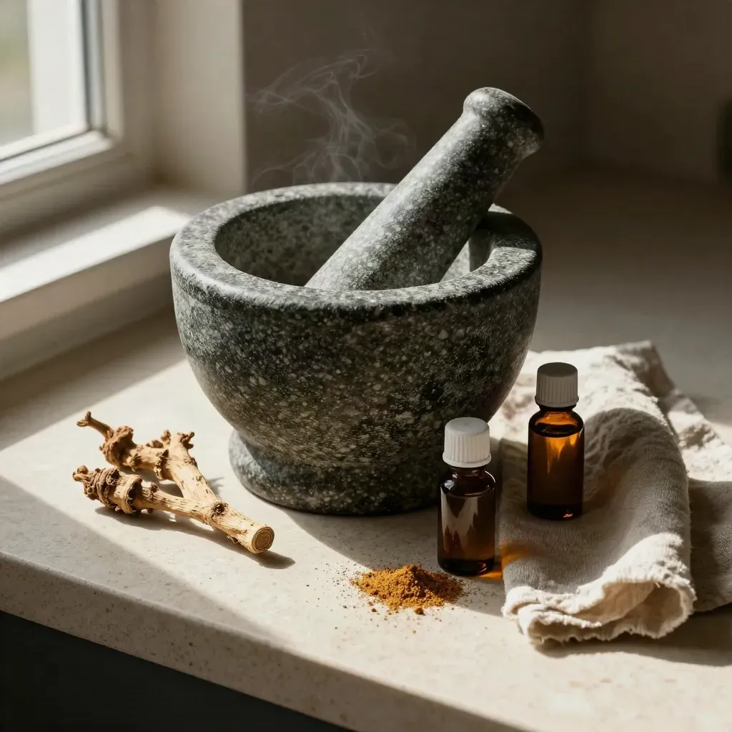 Dramatic still life of roots, mortar and pestle, amber vials, and linen on travertine.