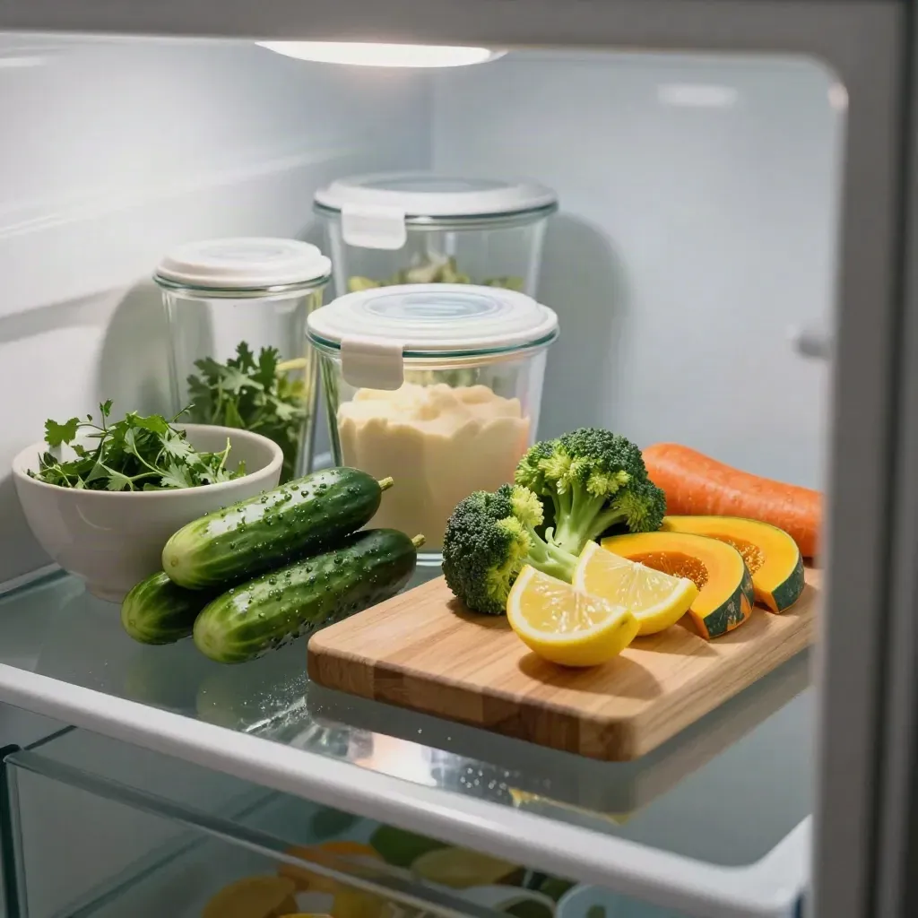 Open fridge shelf with meal prep containers, washed produce, and a wooden prep board.