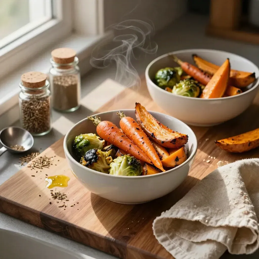 Overhead roasted vegetables, grain scoop, spice jars and ceramic bowls on butcher-block.