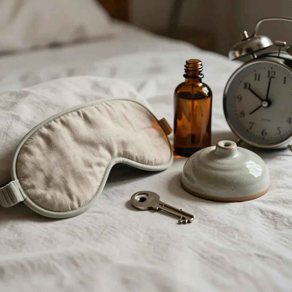 Macro sleep toolkit beside the bed: linen mask, amber oil bottle, ceramic lamp base, metal alarm clock.