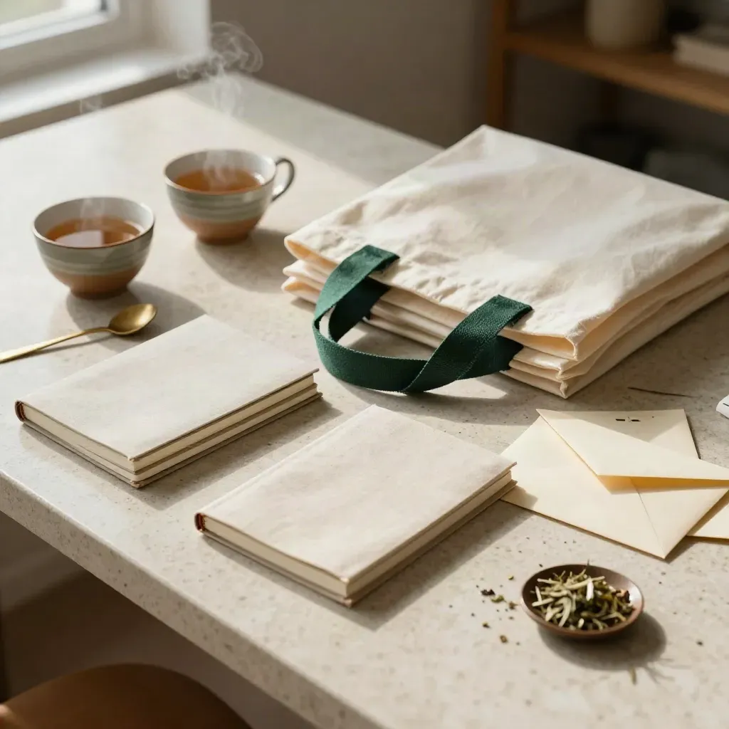 Workshop takeaway kit with notebooks, tea cups, tote bags and envelopes on travertine.