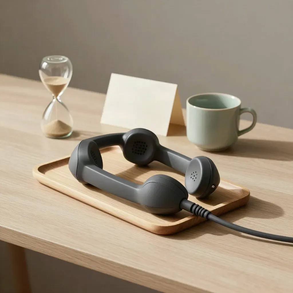 Matte handset, hourglass, and sage cup on a pale wood tray