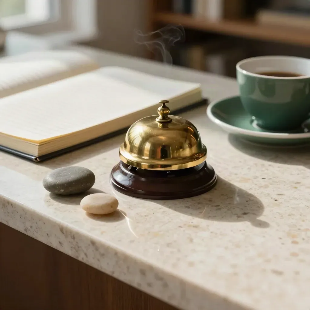 Brass bell, stones, ledger, and teacup on travertine with a forest-green accent
