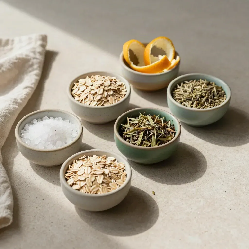 Overhead flatlay of four bowls with oats, citrus peel, tea, and salt-like grains on stone.