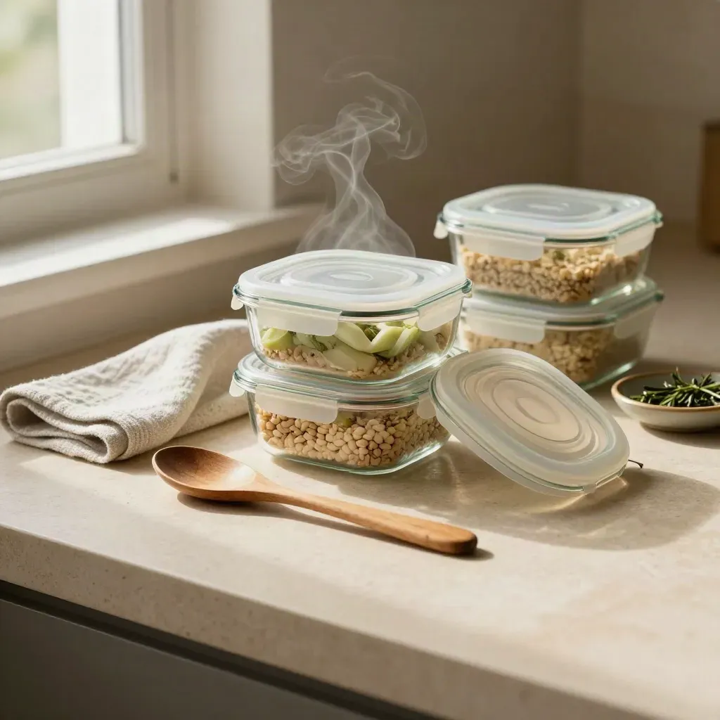 Glass meal containers, linen towel, wooden spoon, and herbs on a warm plaster surface