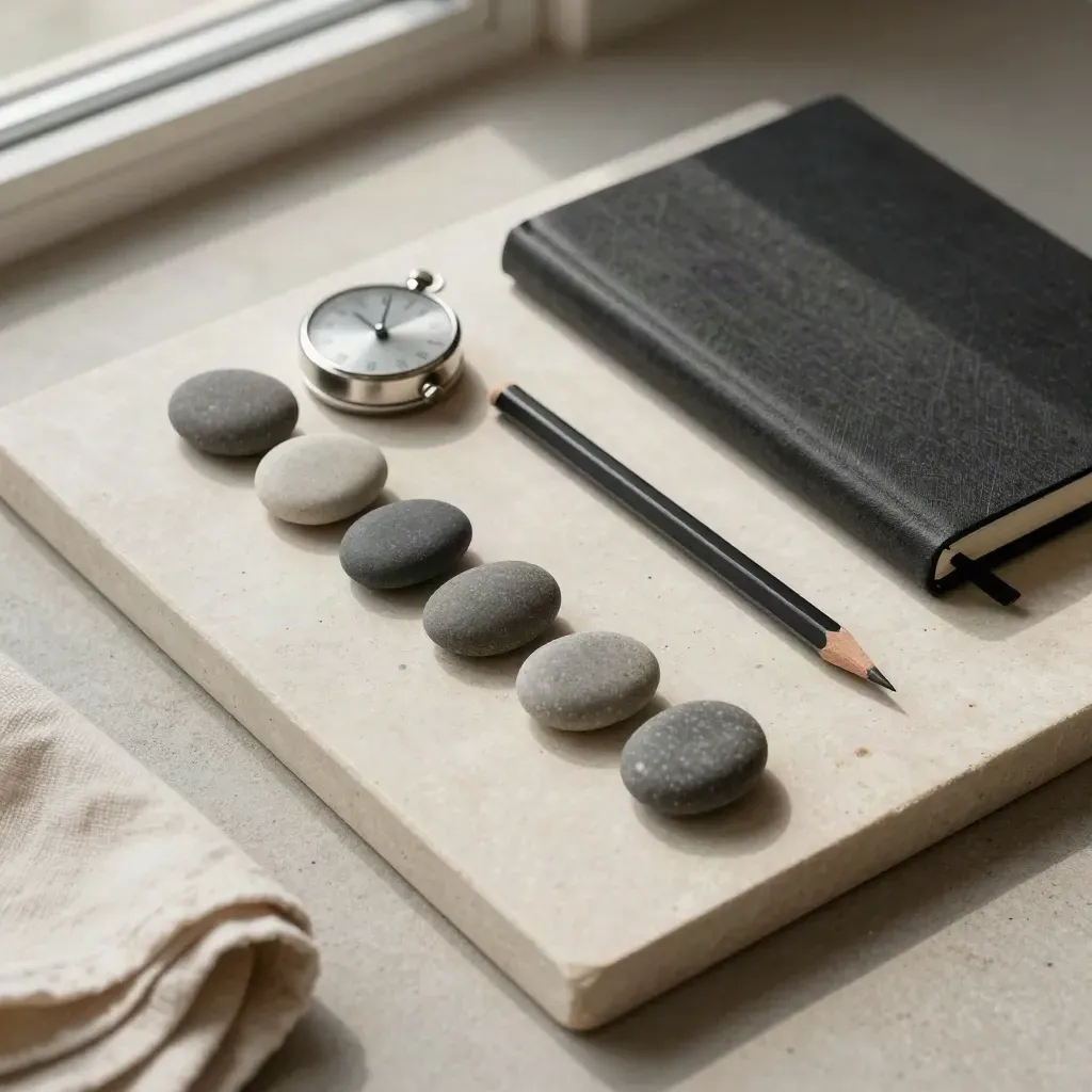 Five pebble tokens, pencil stub, timer and notebook on a stone tray with soft light.