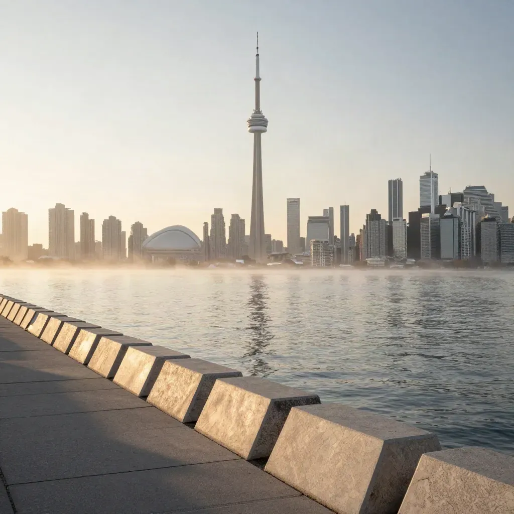 CN Tower above misty Toronto lakefront at dawn, calm water and shoreline for copy.