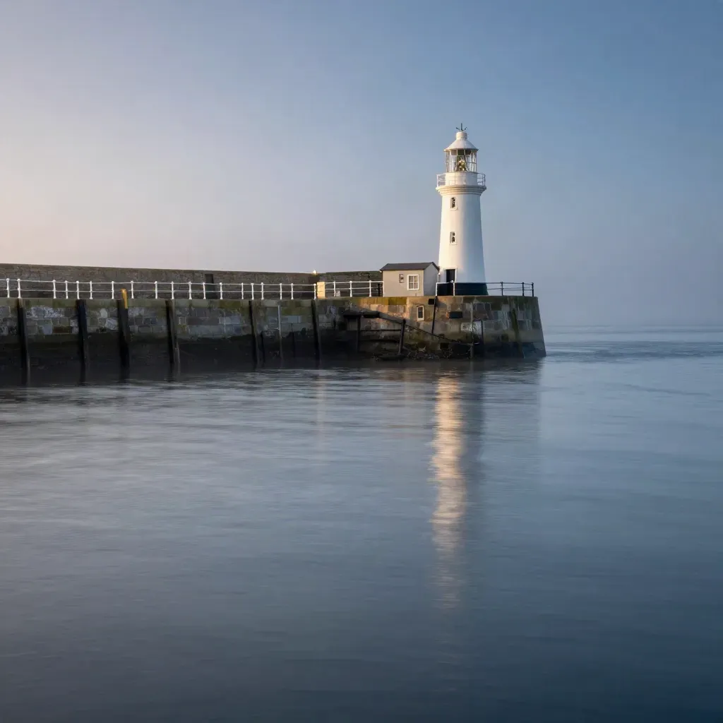 Whitby harbour lighthouse and long pier above calm misty water at blue hour