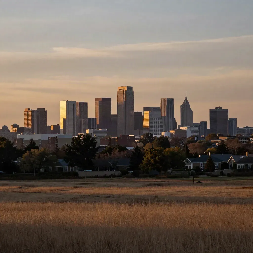 Vaughan skyline above treed suburbs under a layered evening sky, with calm stone foreground.