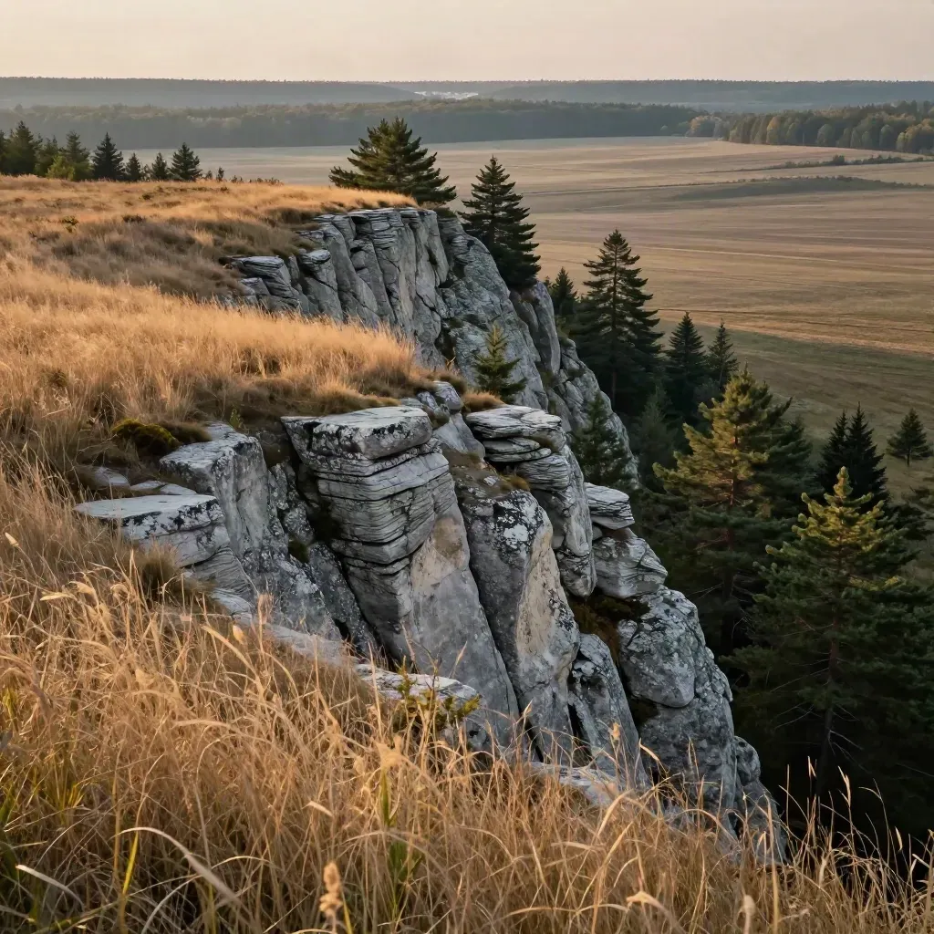 Ontario escarpment at sunset with pines, pale rock, open field, and warm haze.