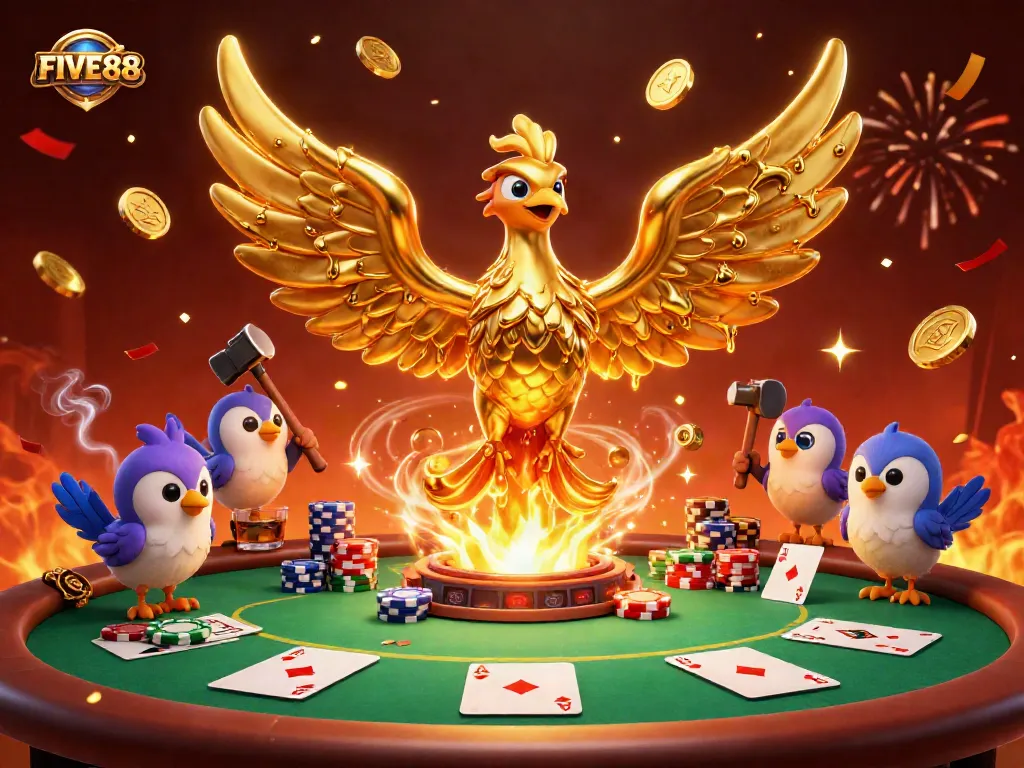 Experience an exciting poker scene with FIVE88 featuring a golden phoenix and casino elements.