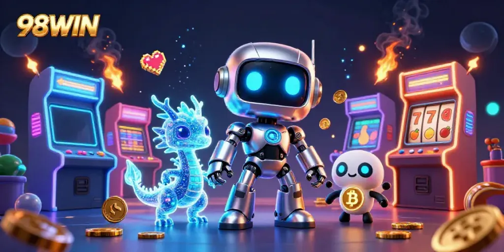 Engage with 98WIN's vibrant casino experience featuring animated characters and colorful gaming elements.