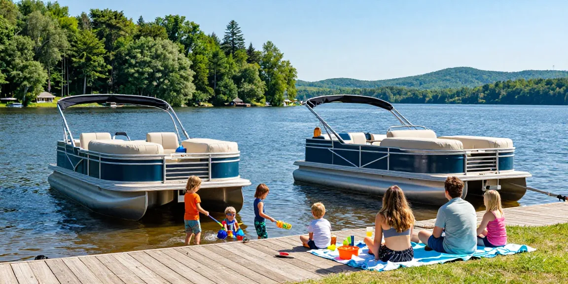 Pontoon boats for sale at the scenic Mountain Trout House Marina on Kawagama Lake.