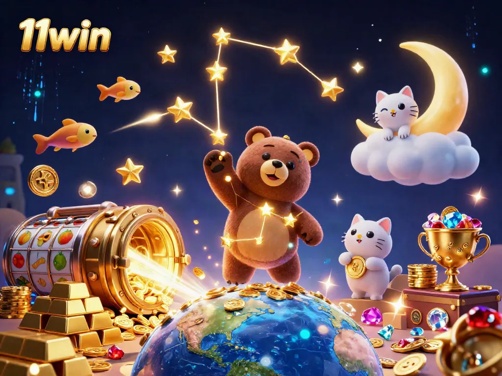 Experience the excitement of 11win casino slots with cosmic characters collecting coins.