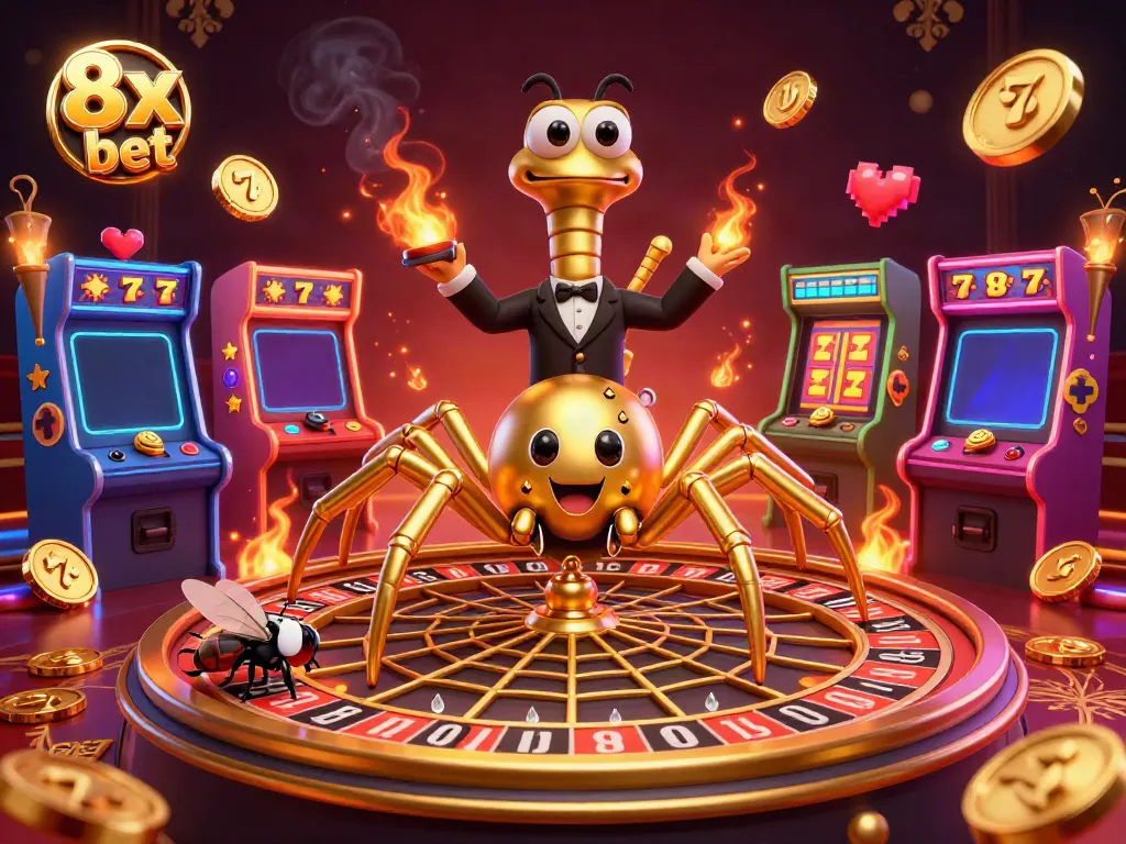Experience thrilling wins at 8x bet with a vibrant 3D casino scene featuring exciting characters and games.