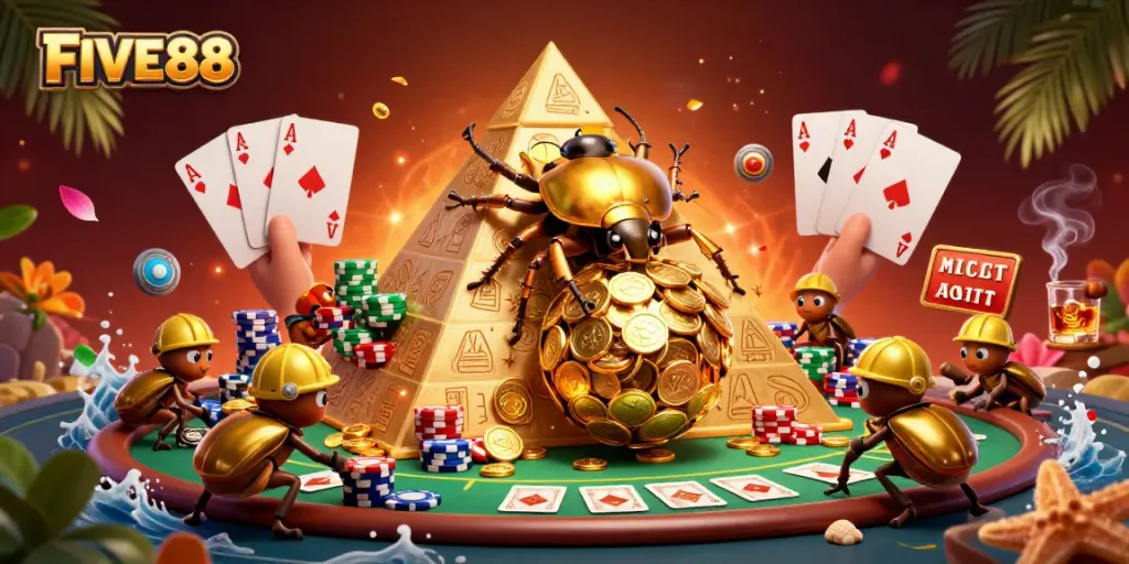 Experience FIVE88's vibrant casino scene with beetles rolling golden coins and poker elements.