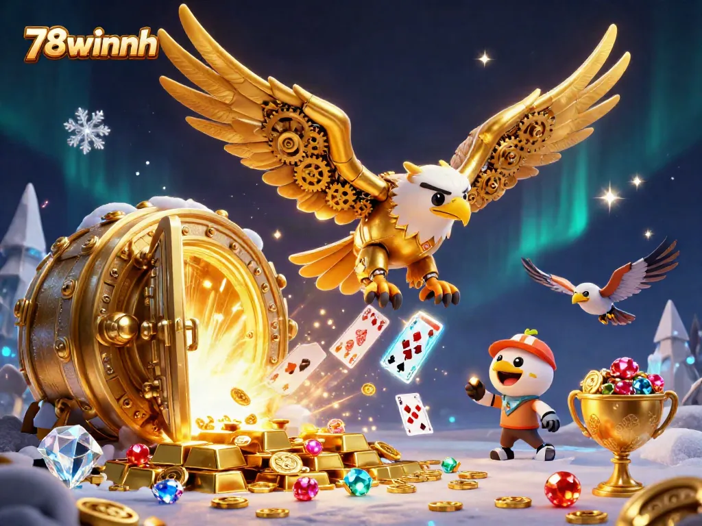 Experience thrilling wins at 78winnh with vibrant holographic cards and a golden eagle diving through treasures.