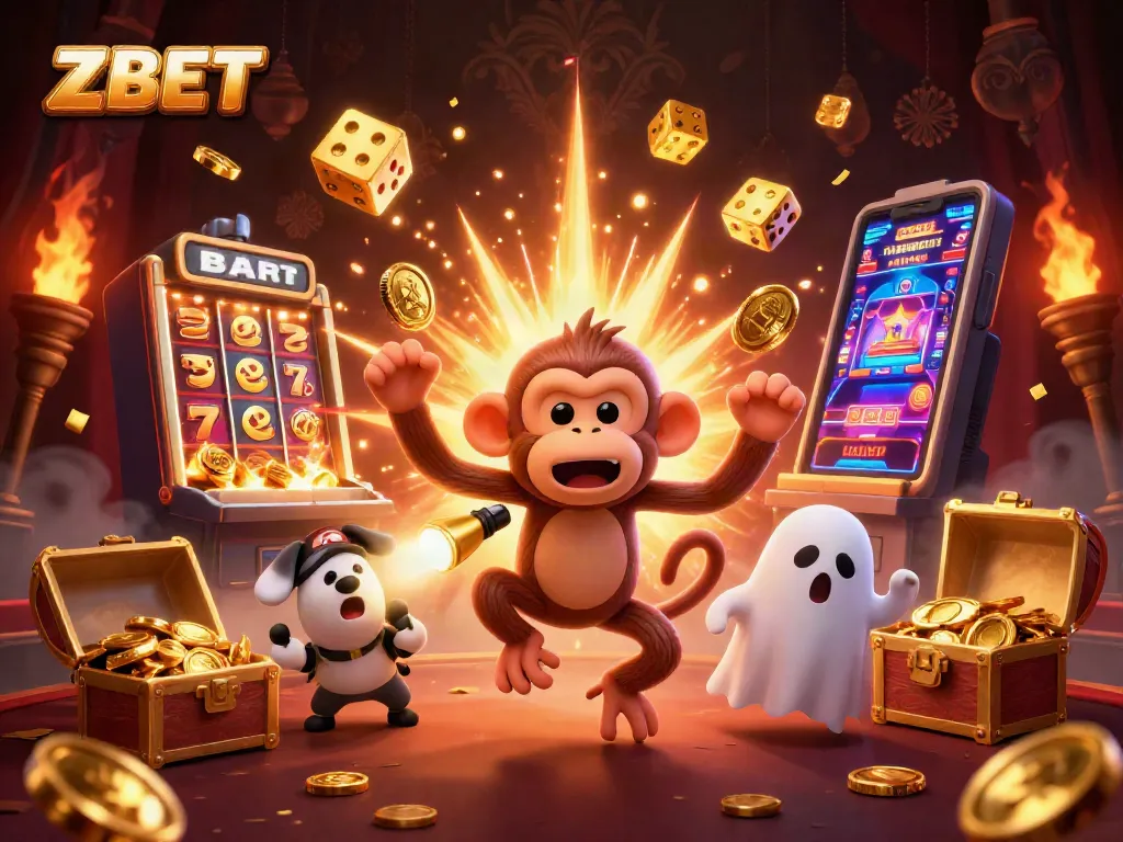 ZBET showcases a dynamic and thrilling gambling atmosphere with a playful poltergeist and a curious puppy in a haunted casino environment.