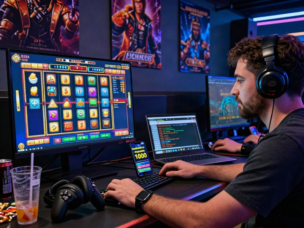 Pemain slot deposit 1000 fokus pada layar permainan slot online dengan simbol warna-warni.