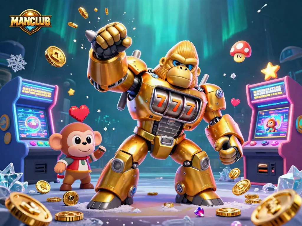 Engage with MANCLUB's vibrant casino gaming world featuring an explosive golden gorilla mech.