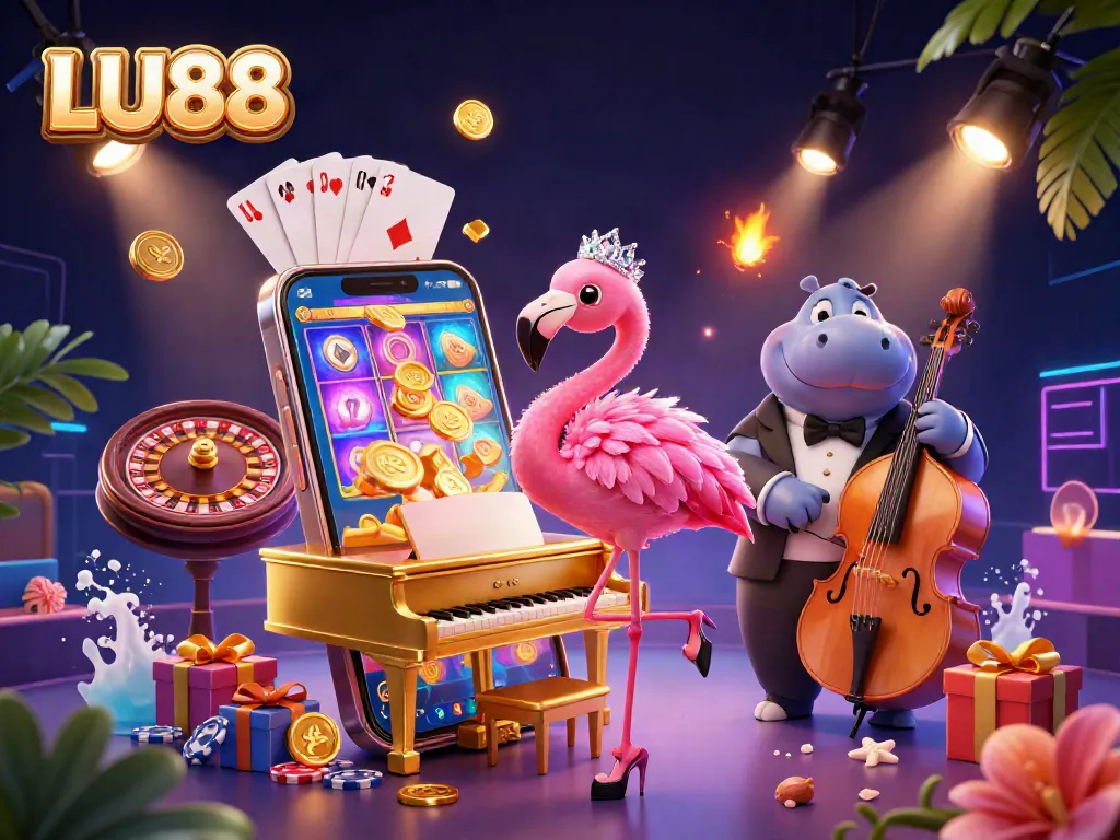 LU88 flamingo casino singer performing amidst vibrant gambling elements and dynamic energy.
