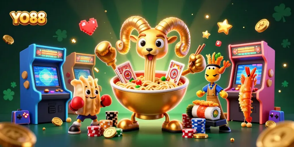 YO88 engages players with a vibrant scene of gaming characters dealing cards and stacking chips.