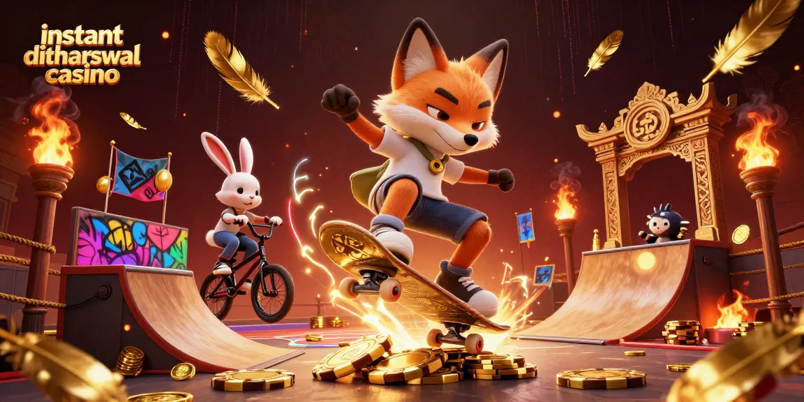 Kickflip by a fox in an instant withdrawal casino scene packed with casino elements and energy