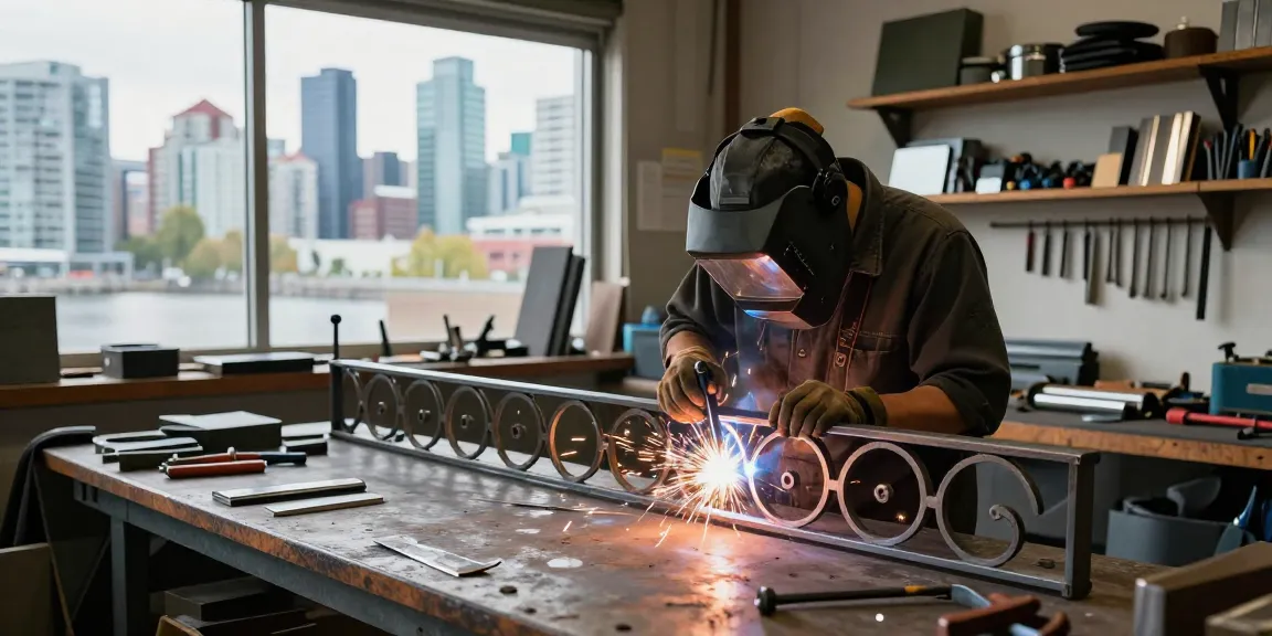 Custom metal fabrication in Vancouver: expert metalworker welding decorative steel railing.