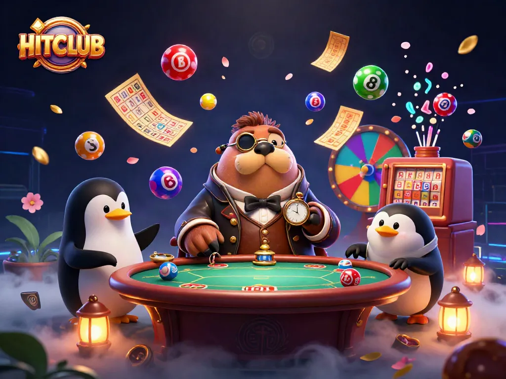Engage in exciting HITCLUB gambling action with a jolly walrus and friends at an underwater poker table.