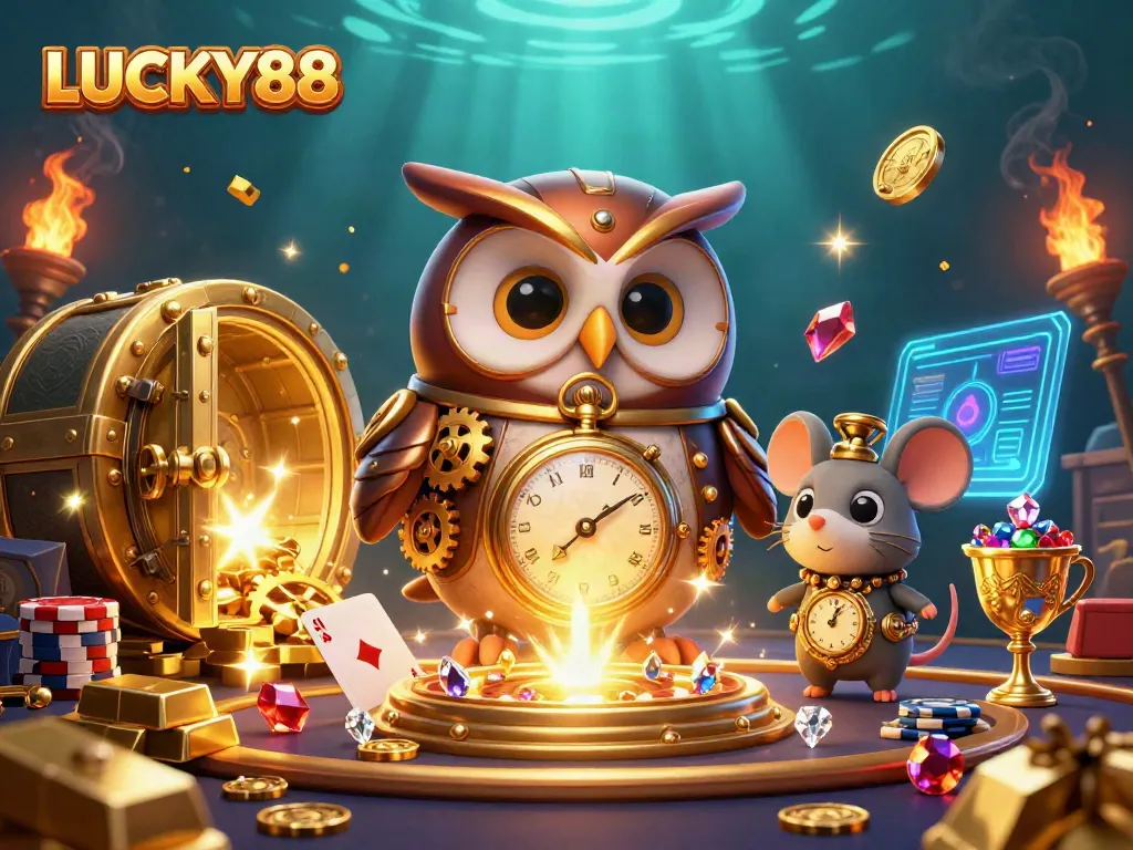 Spin the reels of LUCKY88 in a vibrant, steampunk casino adventure illustration!