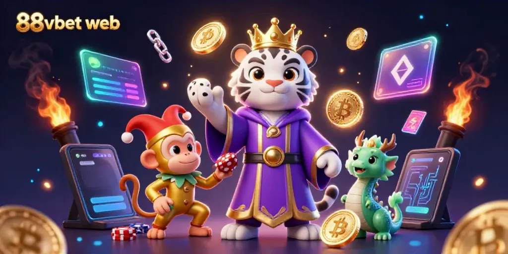 Engage with 88vbet web in an immersive 3D casino scene showcasing vibrant gaming elements and whimsical characters.