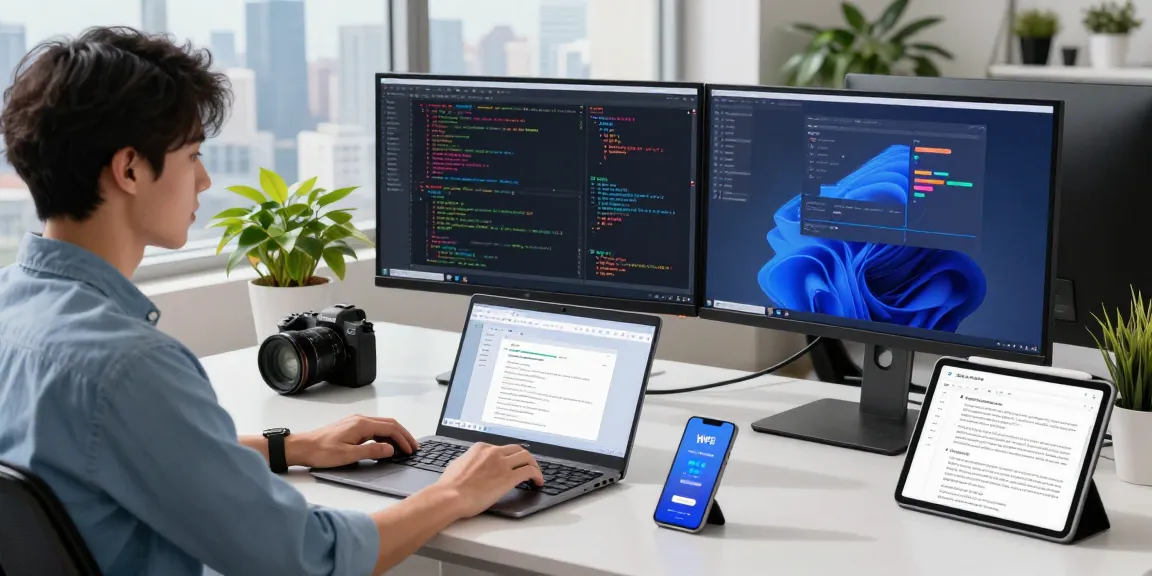 WPS Download workspace scene showcasing a professional using productivity tools on dual monitors in a bright tech environment.
