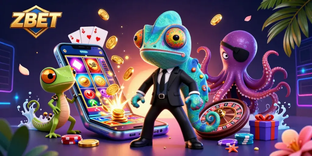 ZBET offers thrilling gameplay with a colorful slot game on a smartphone surrounded by animated characters.