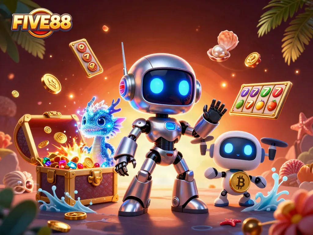 Join the action at FIVE88 with a thrilling 3D casino adventure showcasing vibrant gambling elements and characters.